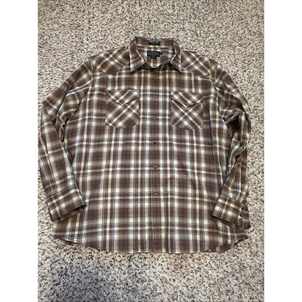 Pendleton Frontier Shirts Men Tan Brown Plaid Pearl Snap Long Sleeve Sz XXL